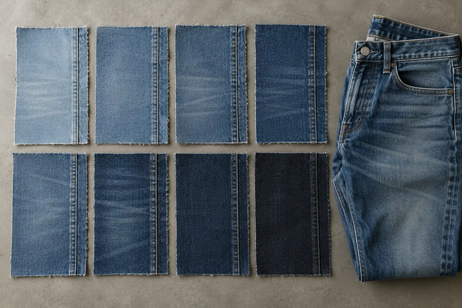 Washed denim panels arranged from lighter to darker beside a reference garment