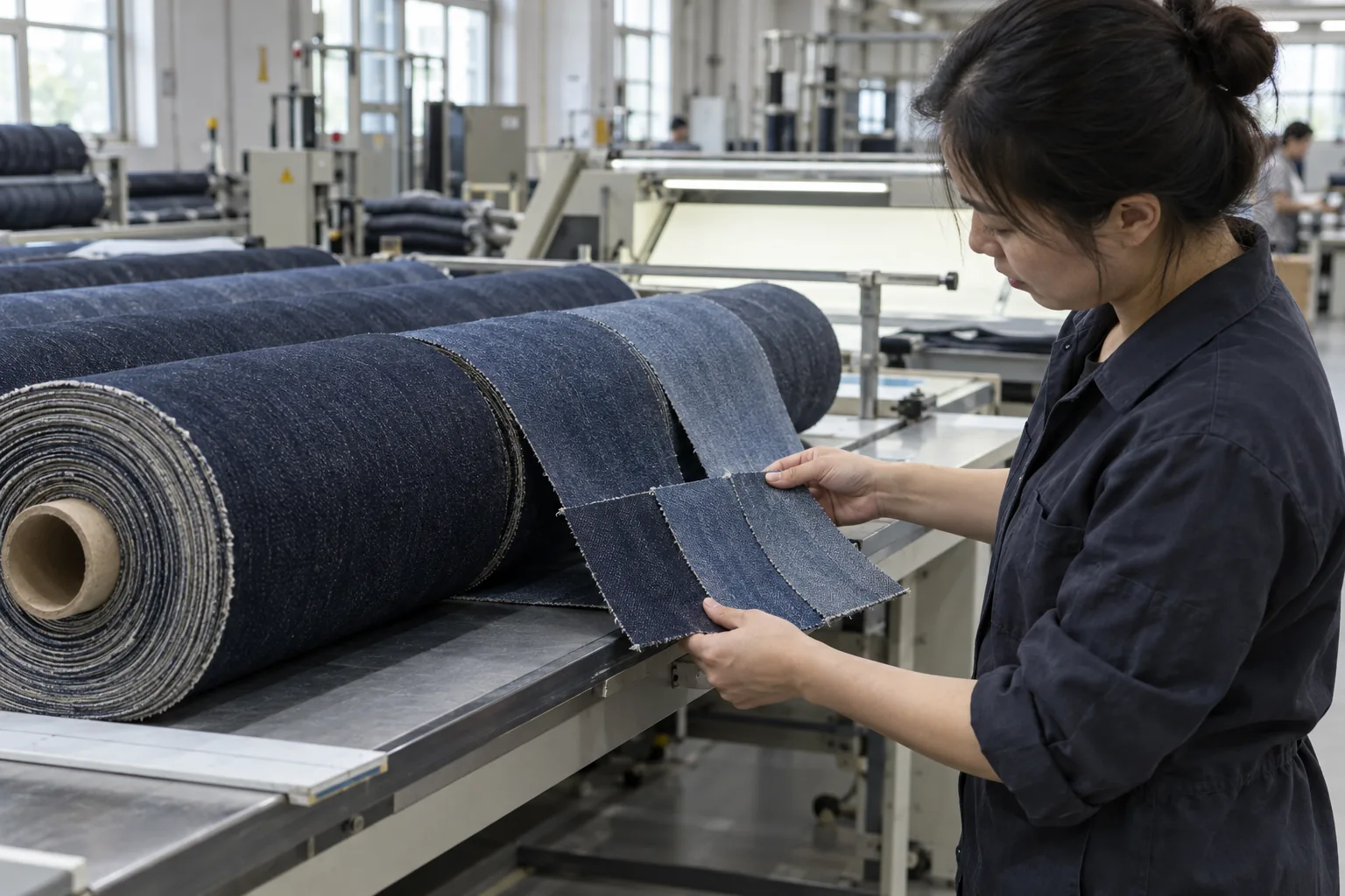 Denim rolls with attached swatches being compared at a fabric inspection table