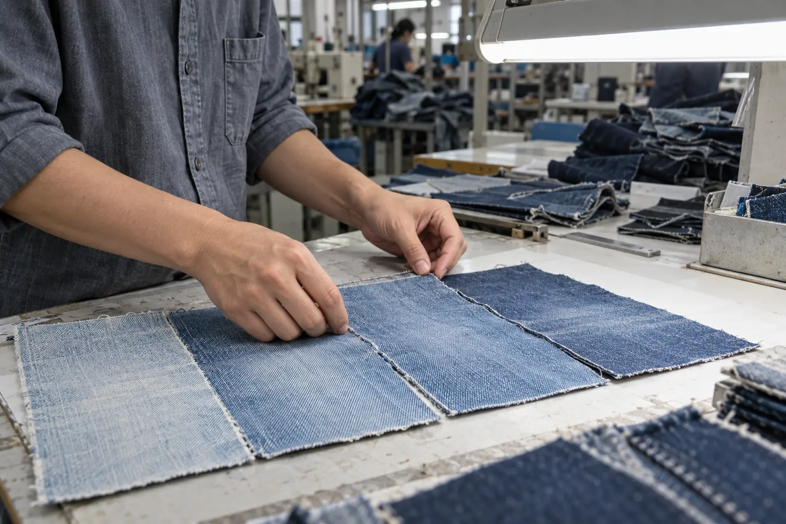 Technician comparing small washed denim trial panels on a sampling bench