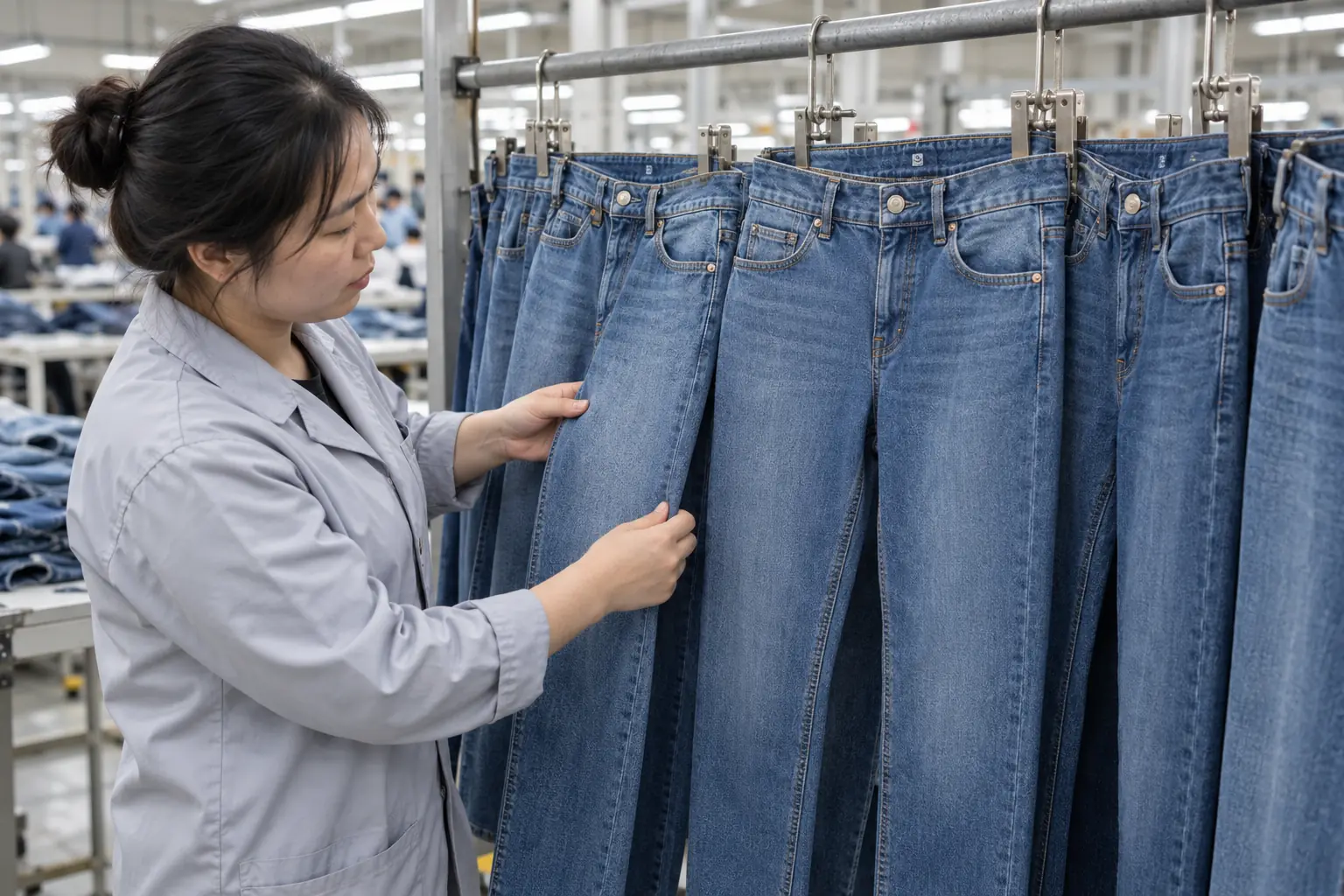 Photorealistic apparel factory documentary photograph of finished mid-blue denim jeans hanging side by side on a garment
