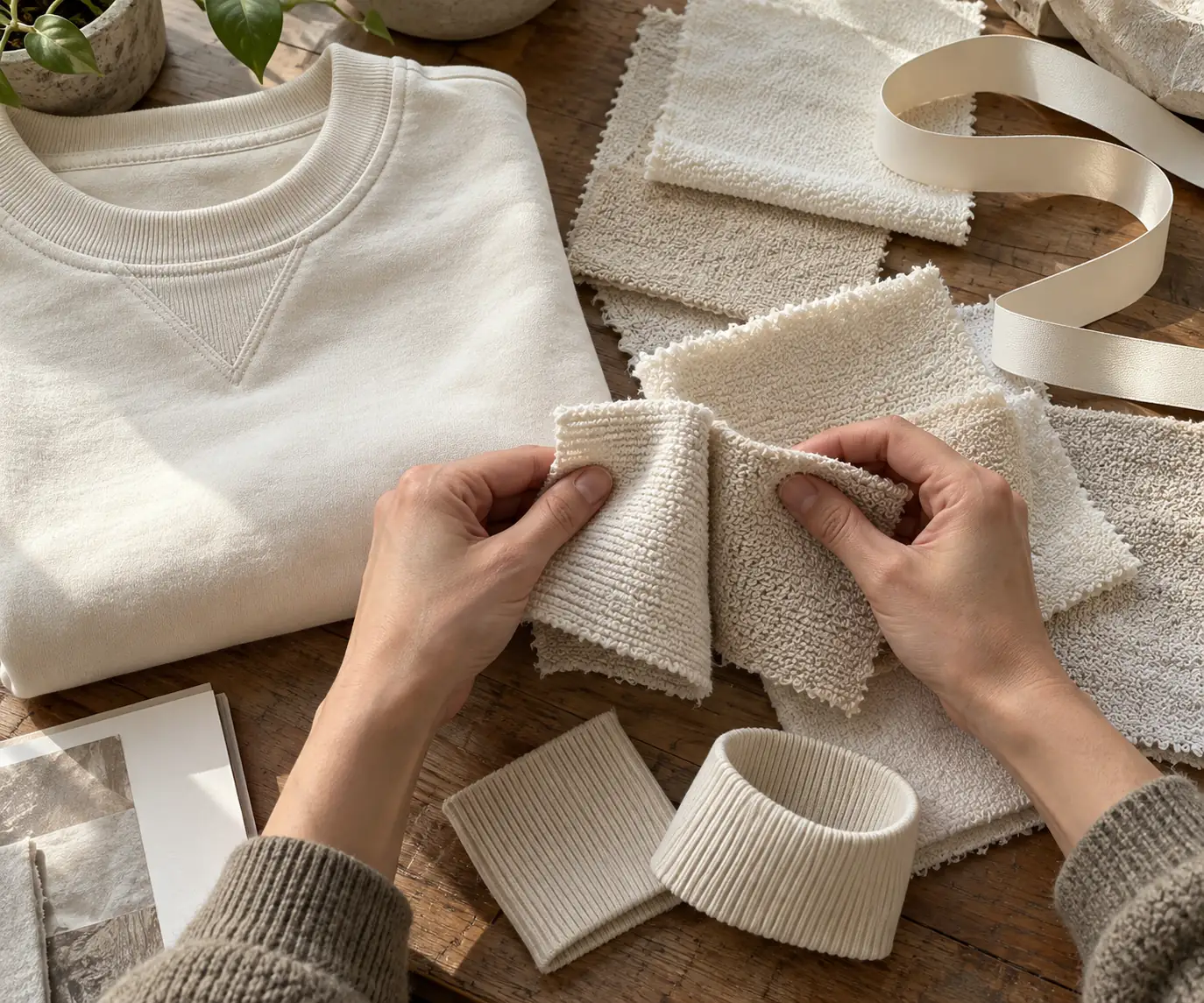 Fabric swatches and an unbranded sweatshirt arranged for an initial supplier assessment
