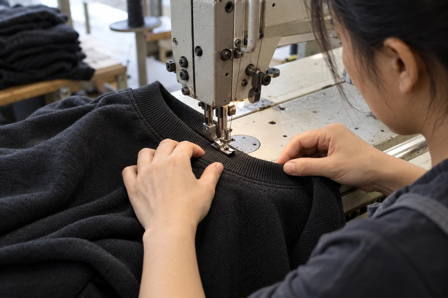 Sewing operator handling the rib neckline of a heavyweight knit garment