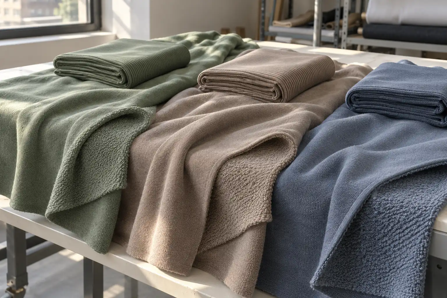 Different shades of knit fabric displayed beside small bundles of matching rib