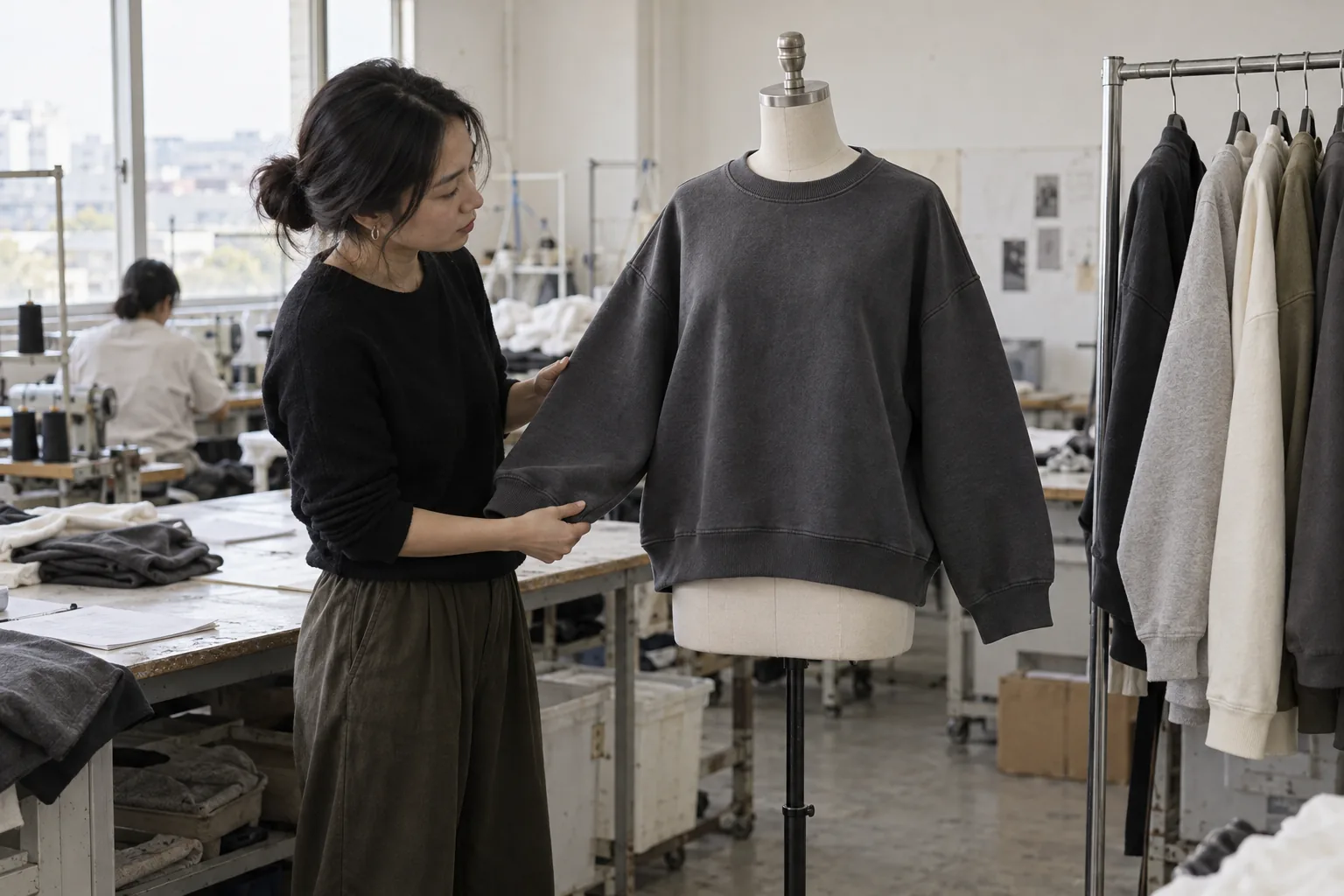 Photorealistic apparel factory documentary photograph of an unbranded finished boxy charcoal sweatshirt on a dress form