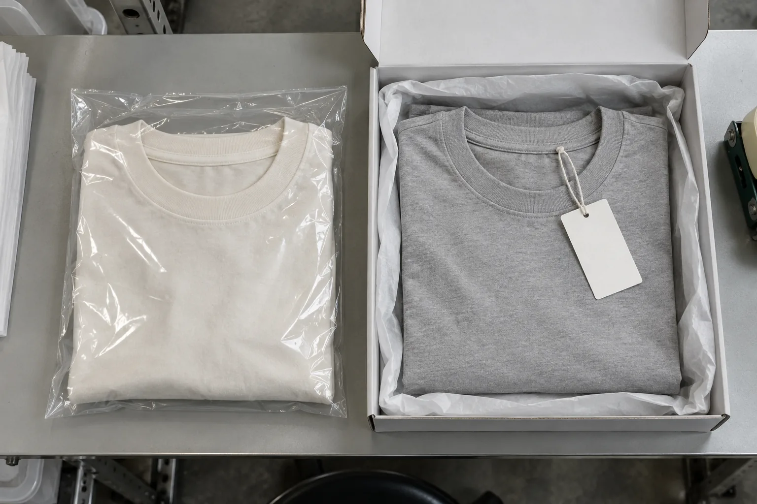 Folded garments comparing a simple protective bag with a layered retail presentation