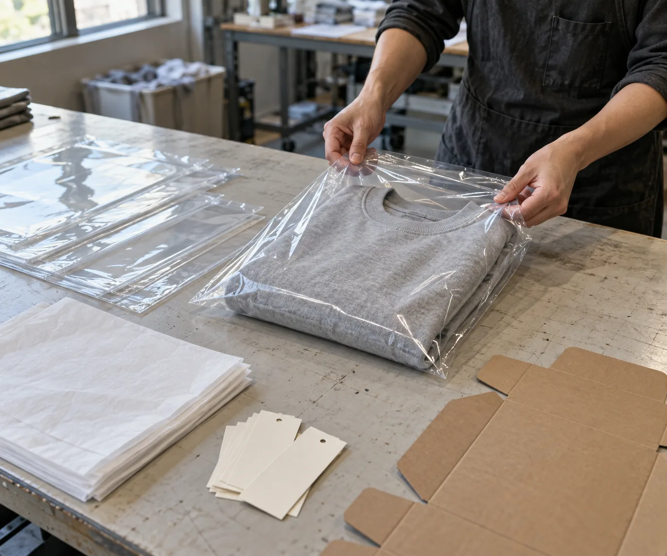 Sampling table with a folded sweatshirt, bag samples, tissue, and blank hangtags