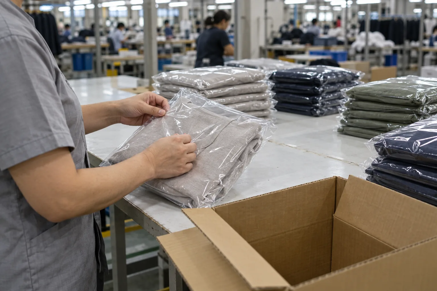 Quality inspector checking a packed garment beside an open shipping carton