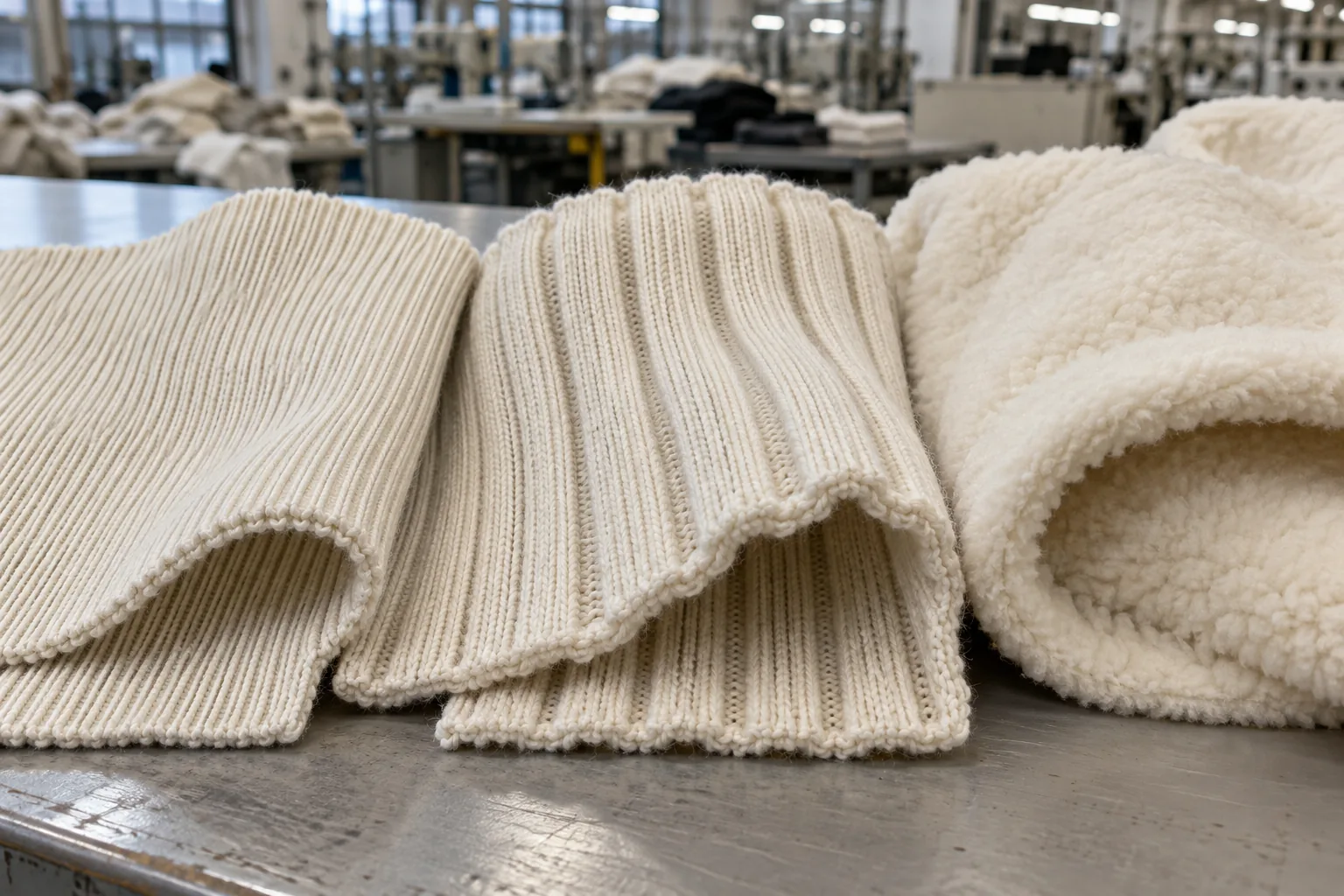 Different rib knit constructions arranged beside sweatshirt body fabric