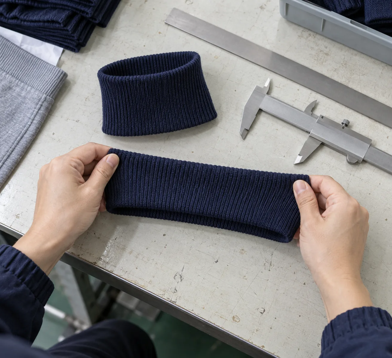 Rib cuff samples and measuring tools on a sampling table