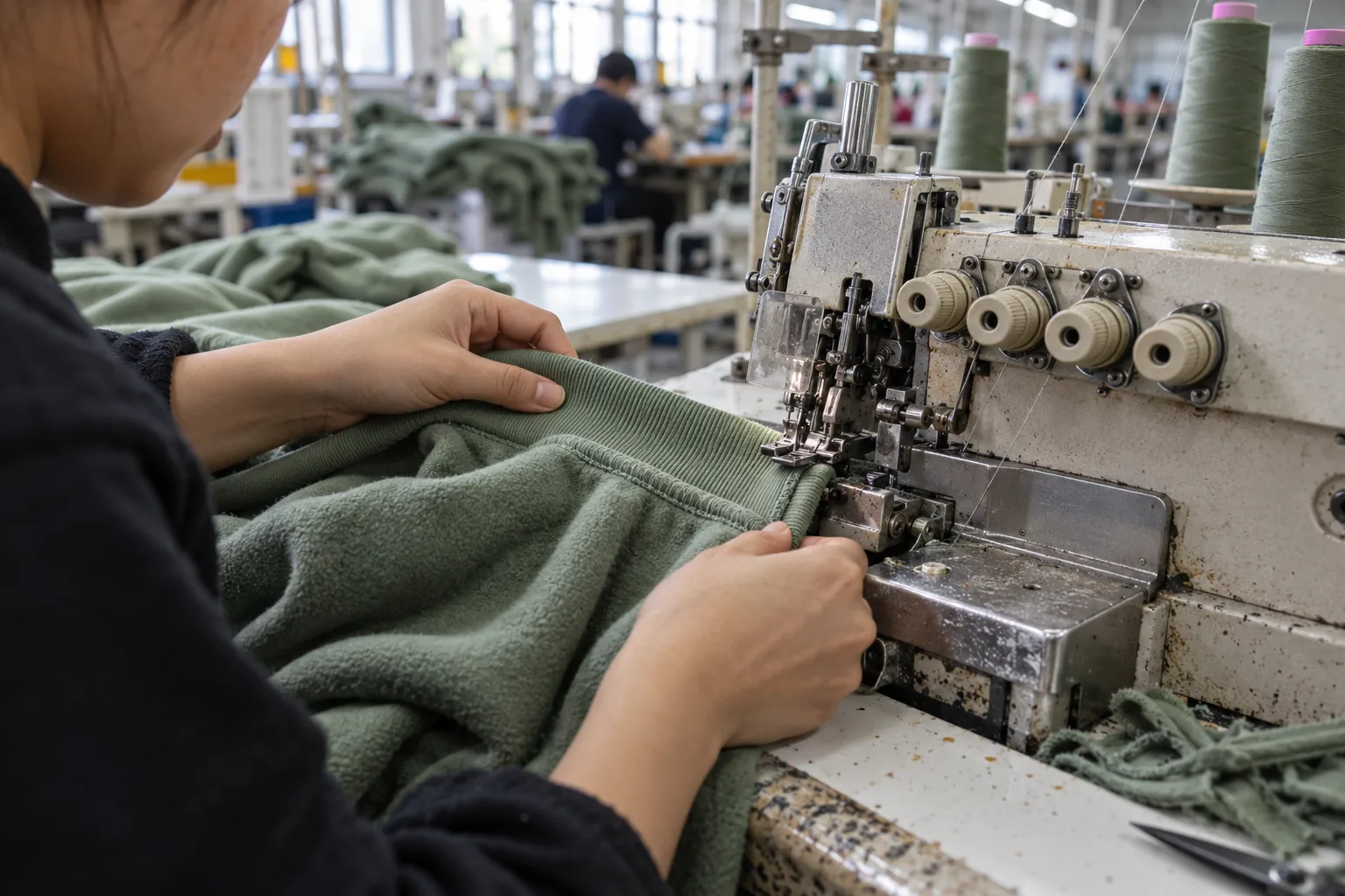 Sewing operator attaching a rib waistband to fleece fabric