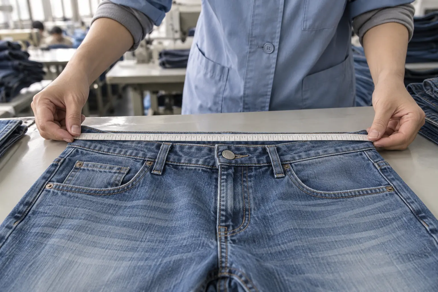 Technician positioning a tape across the waistband of a washed denim sample