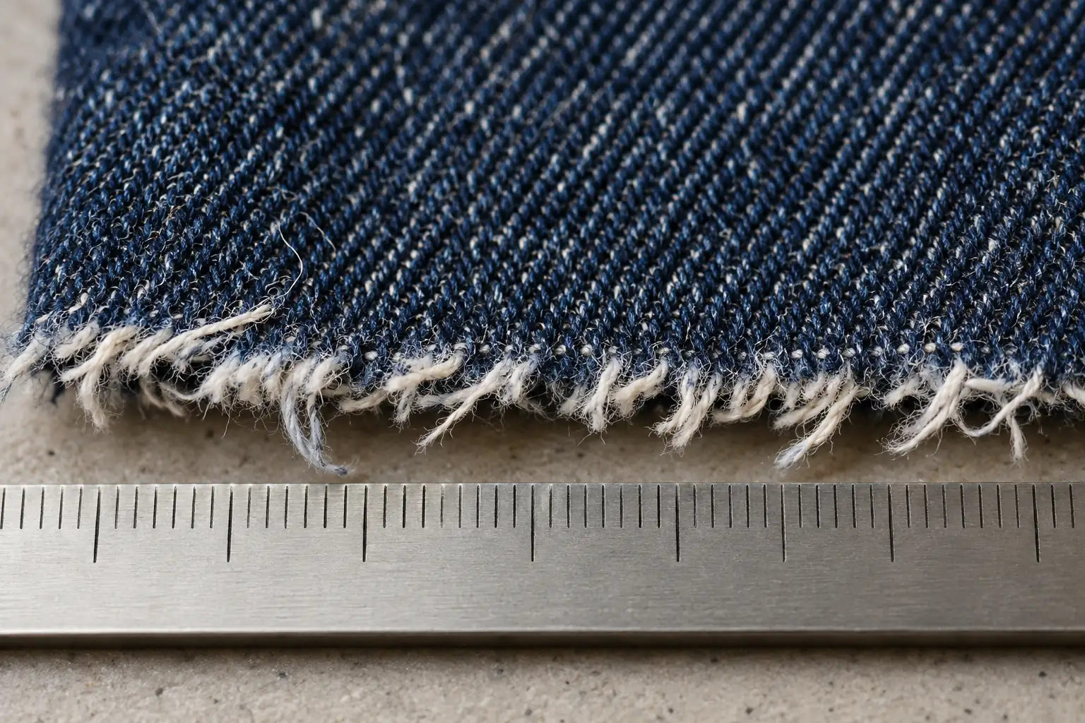 Close view of a raw denim hem with a ruler aligned to the intact base edge