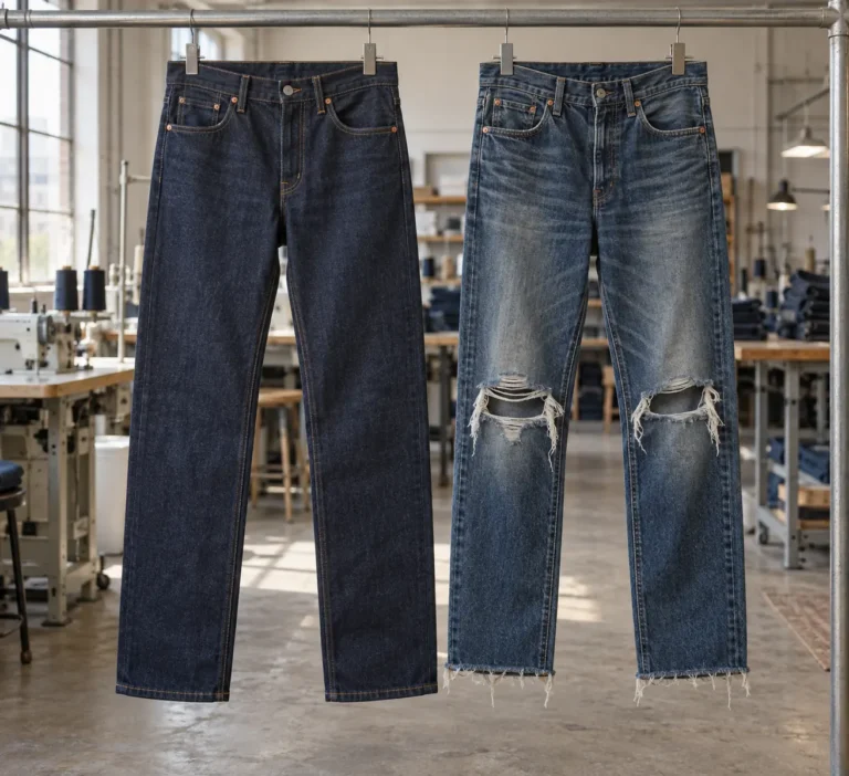 Photorealistic apparel workshop documentary photograph of finished clean-rinse jeans and distressed jeans hanging side b