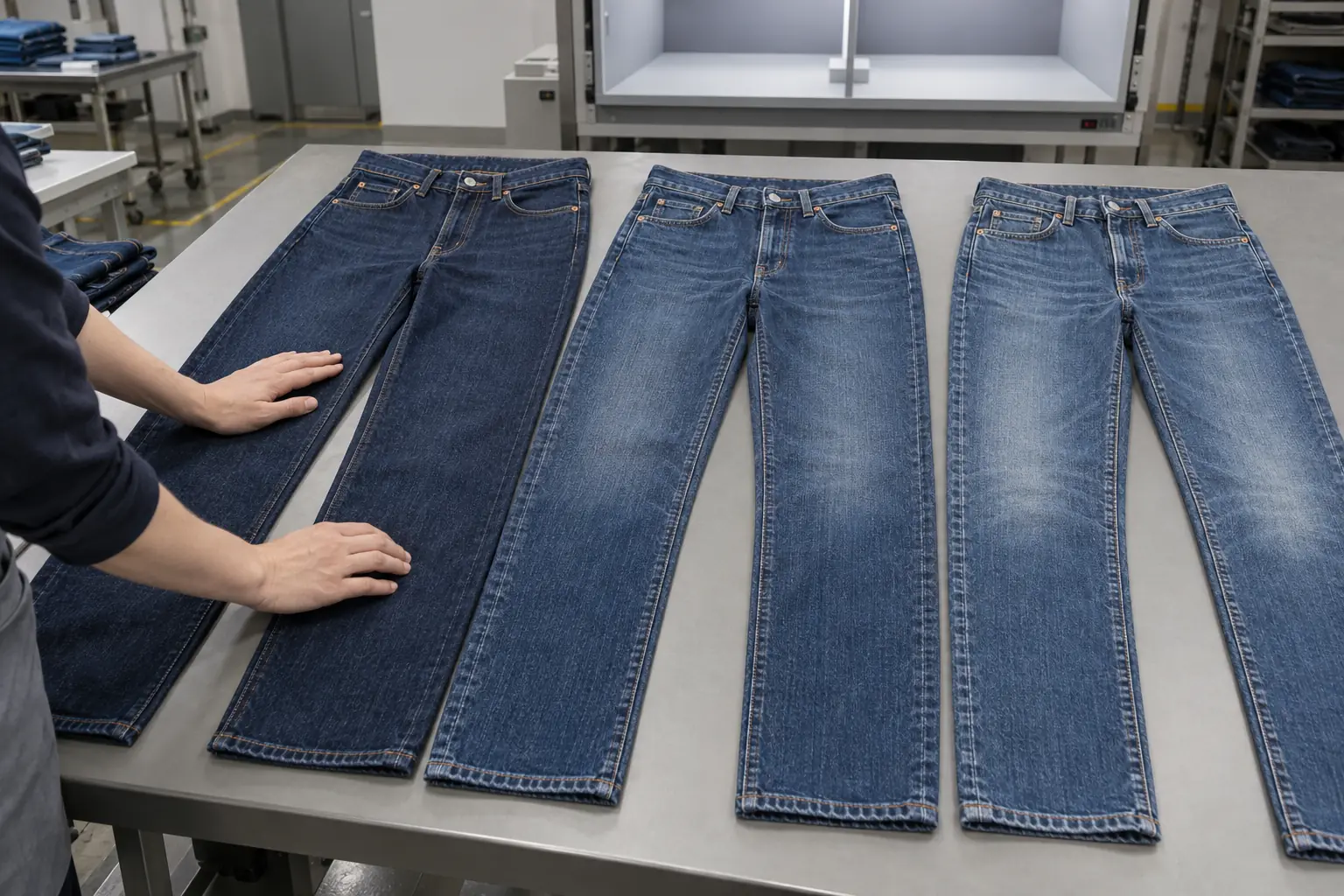 Denim rolls and washed swatches arranged for lot comparison