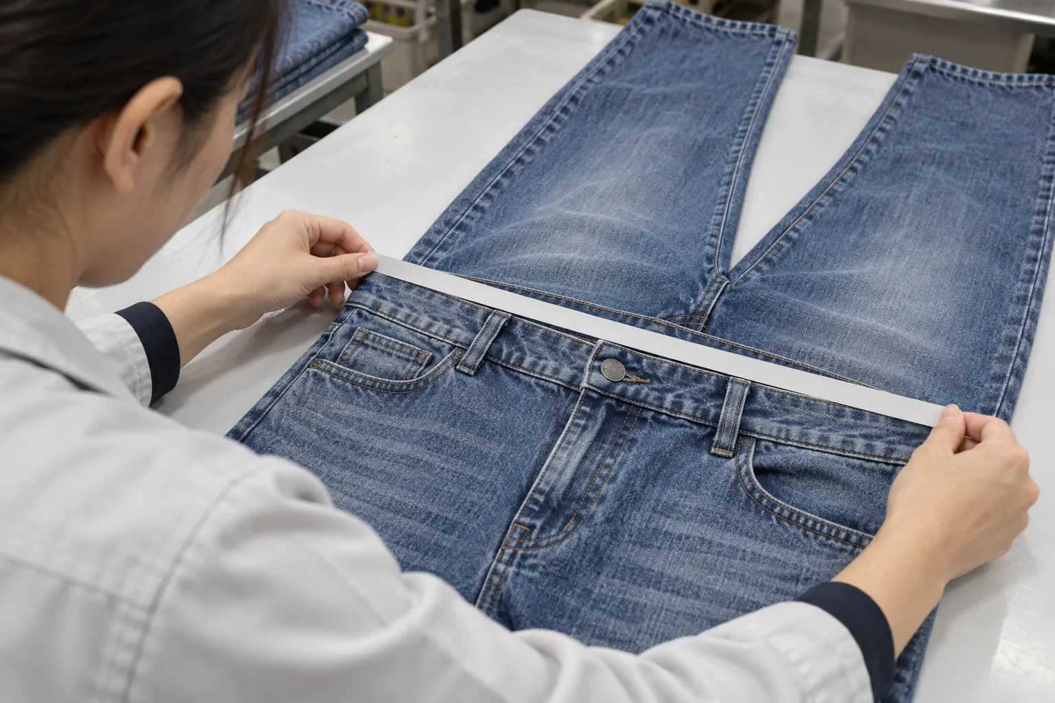 Finished denim garments compared side by side under controlled lighting