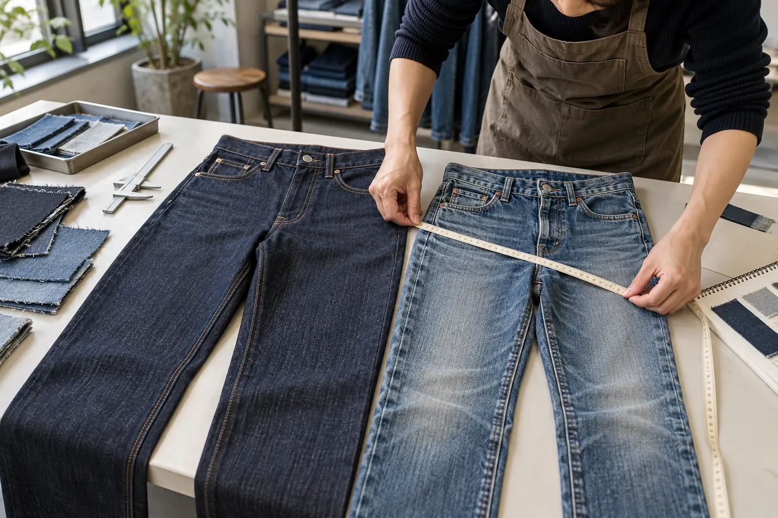 Technician measuring washed denim trousers on a flat inspection table