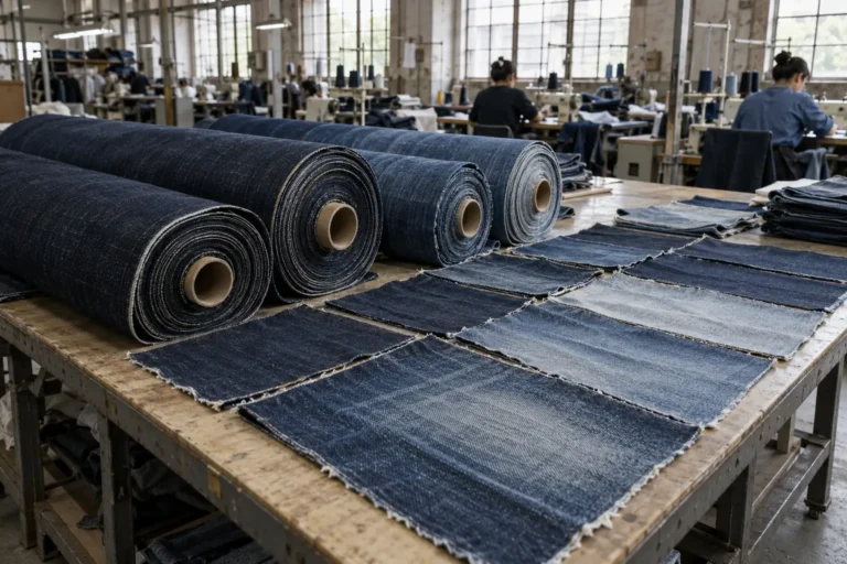 Photorealistic documentary photograph in a denim garment factory, indigo denim rolls with visibly subtle shade differenc