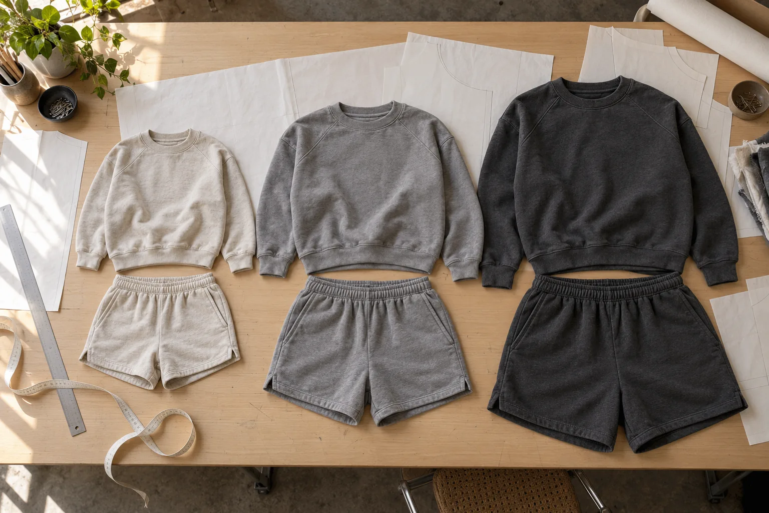 Sweatshirt and shorts samples arranged in separate size groups on a development table