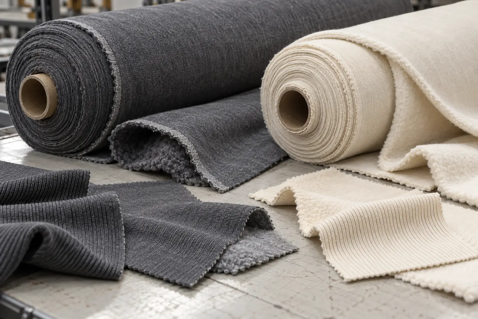 Fleece rolls and coordinating rib swatches examined together under neutral light