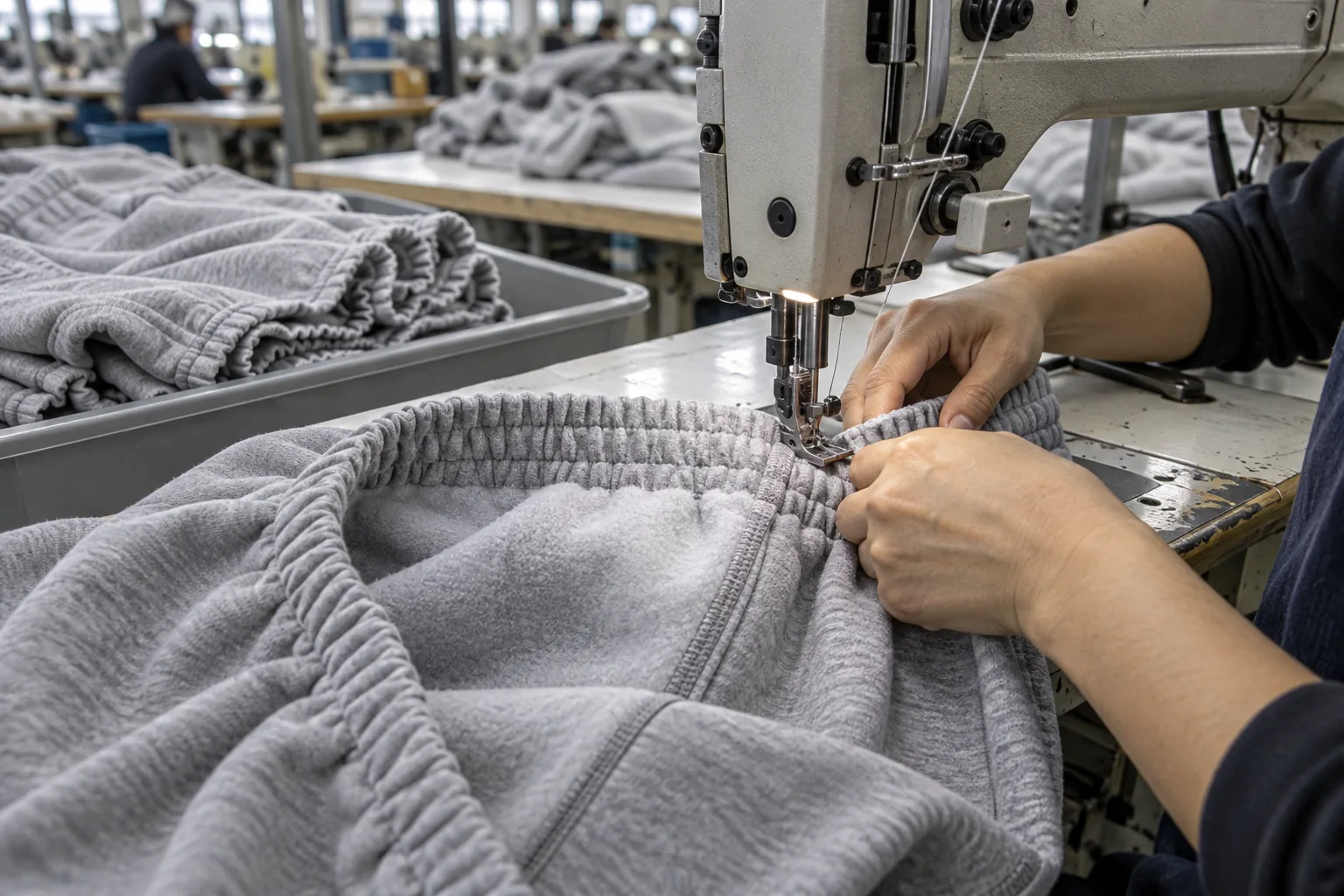 Sewing operator assembling a shorts waistband beside matching sweatshirt components