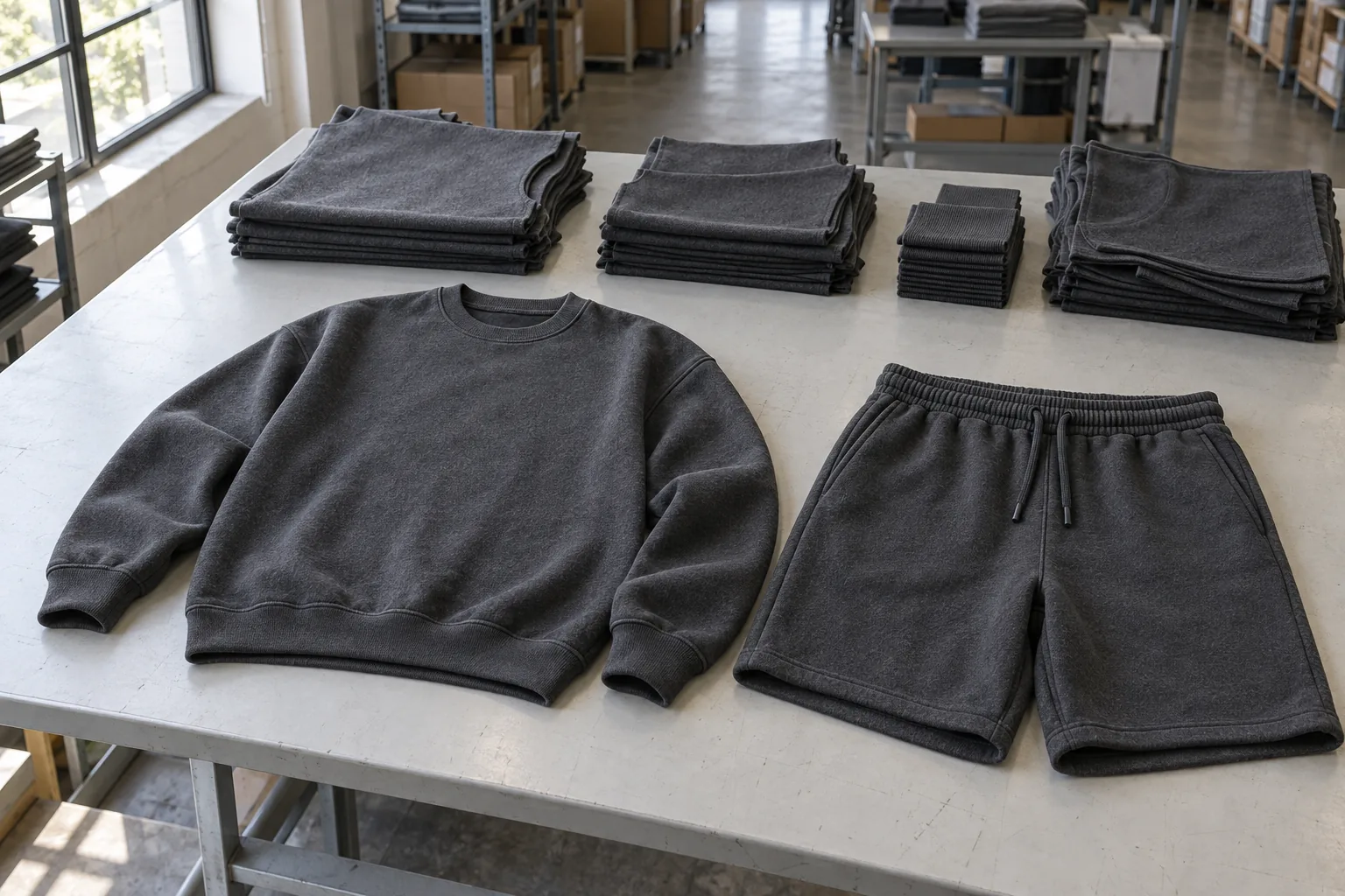 Photorealistic apparel documentary photograph of a finished unbranded charcoal fleece sweatshirt and matching shorts lai