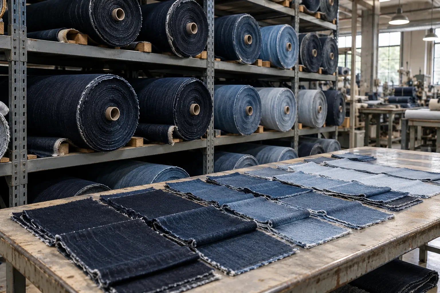 Separate groups of denim rolls and corresponding washed fabric swatches on a factory inspection table