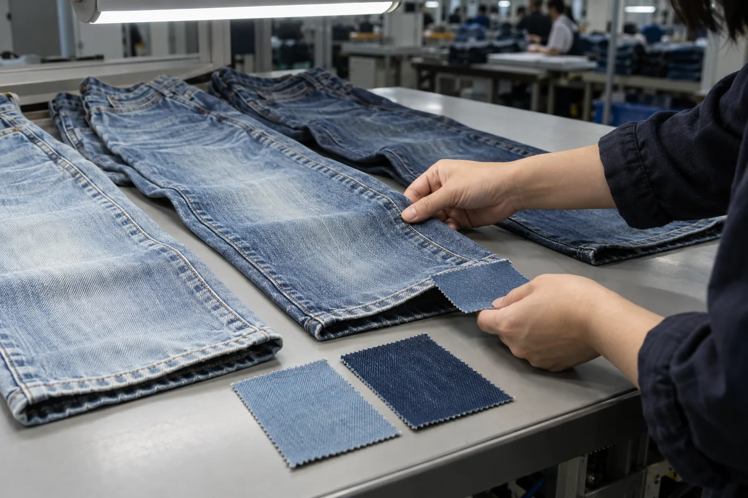 Washed denim sample legs arranged beside a retained reference under controlled inspection lighting
