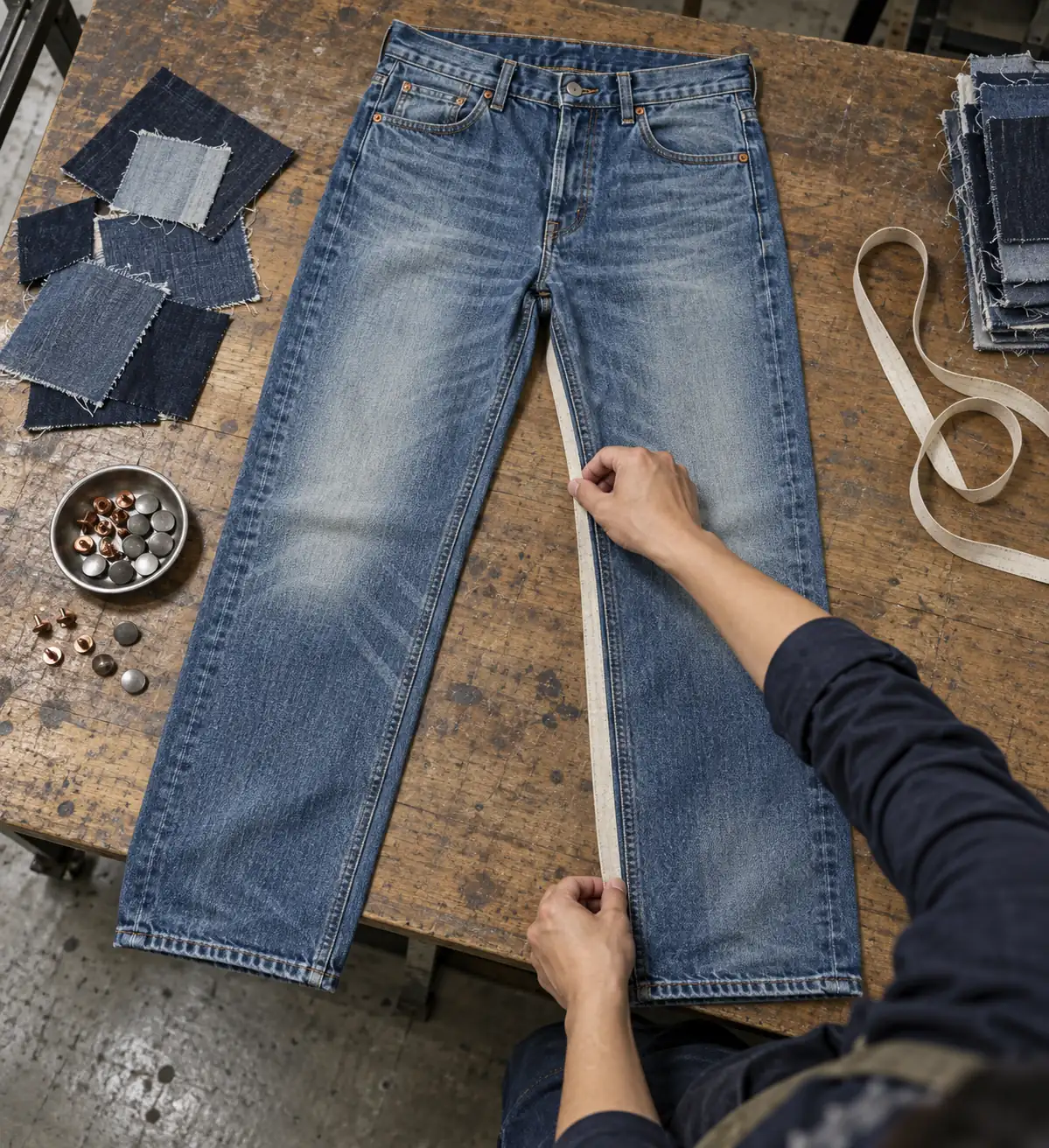 Denim sample on a review table with measuring tape, metal trim samples, and washed swatches