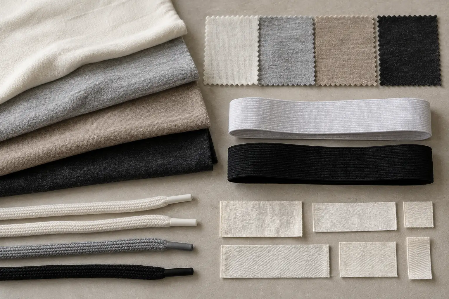 Fabric swatches and garment components arranged for a supplier quotation comparison