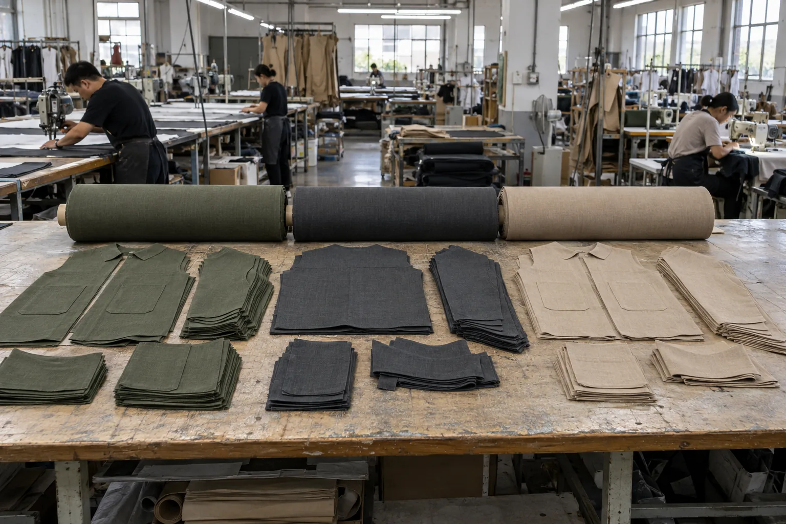 Stock fabric rolls beside separate bundles of cut garment panels