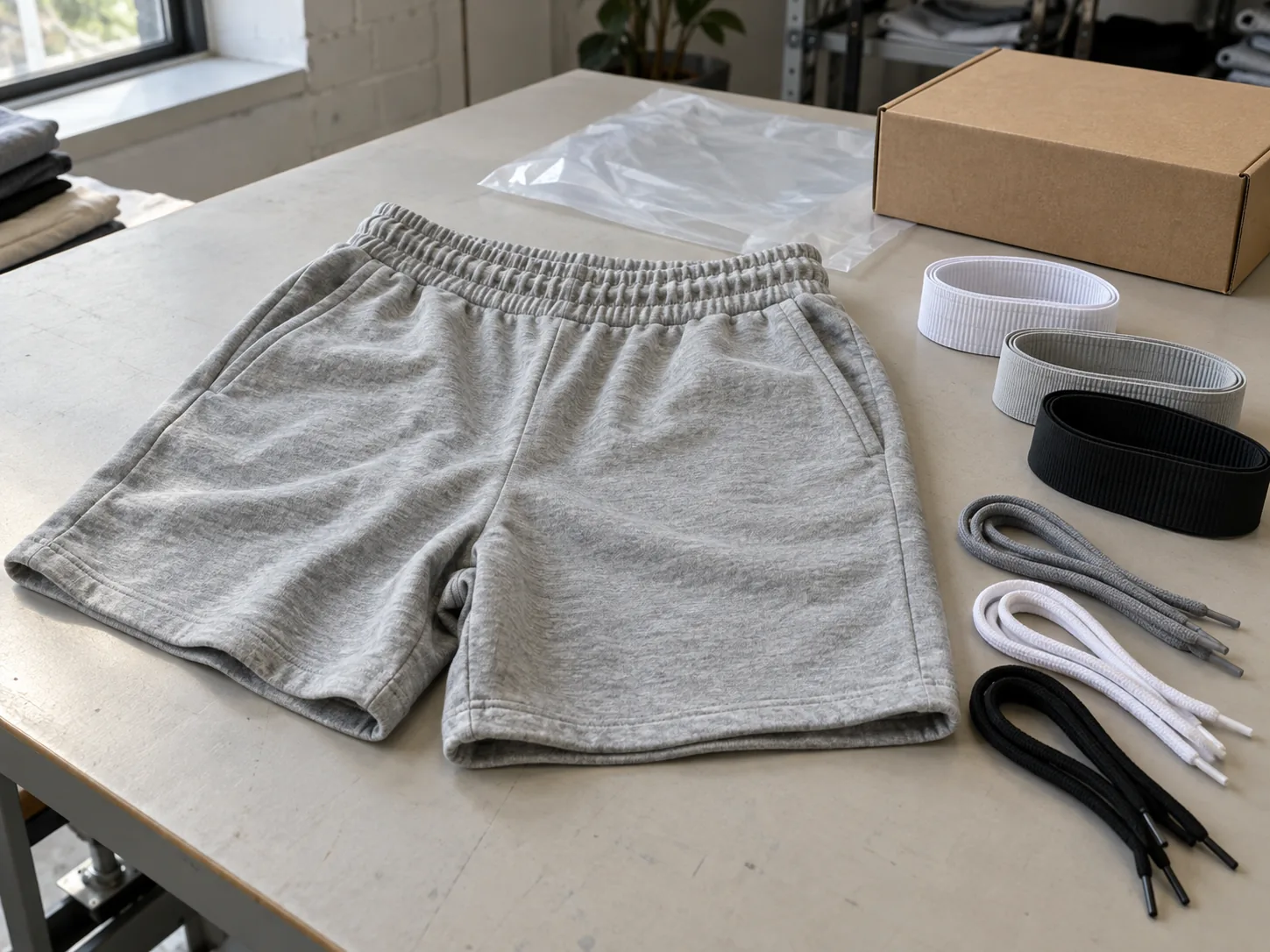 Sample shorts with waistband trims and packing components on a development table