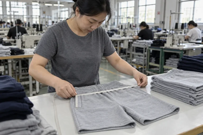 Photorealistic apparel factory documentary photograph of a quality inspector measuring finished plain jersey shorts on a