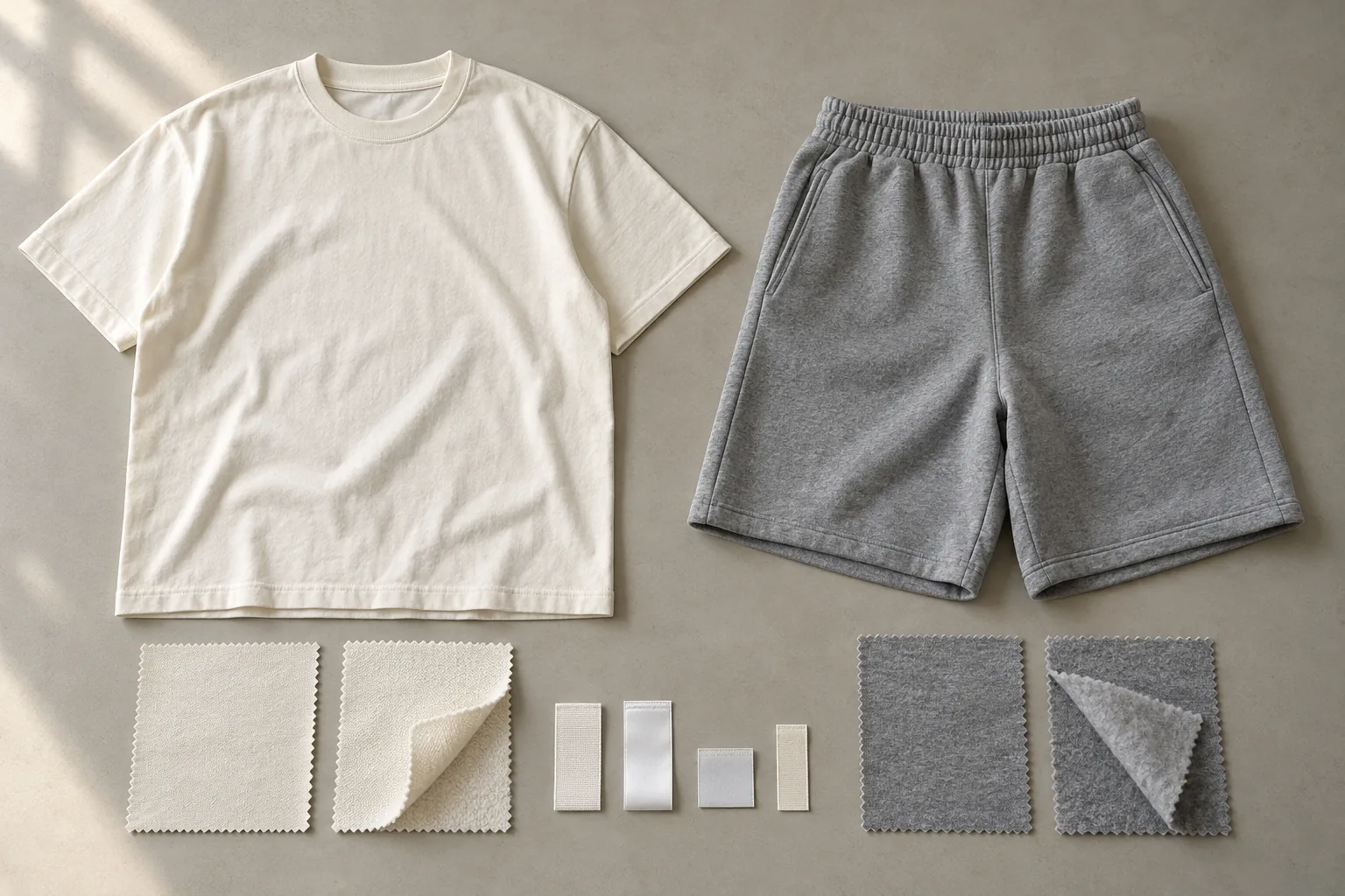 Blank cotton garments and fabric swatches arranged for an order review