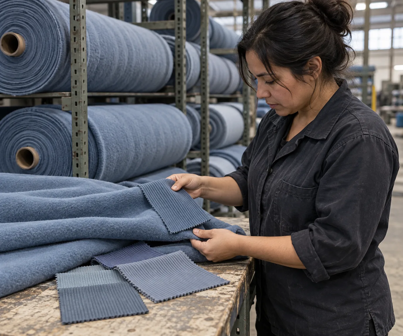 Fabric rolls and matching rib swatches checked at a sourcing table