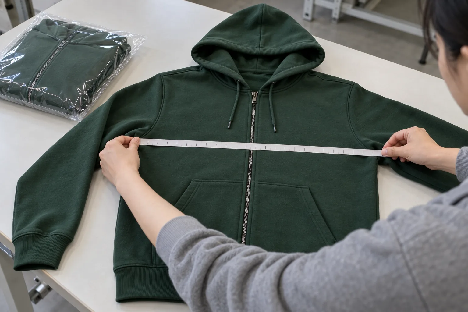 Garment inspector measuring a finished hoodie beside a sealed reference sample