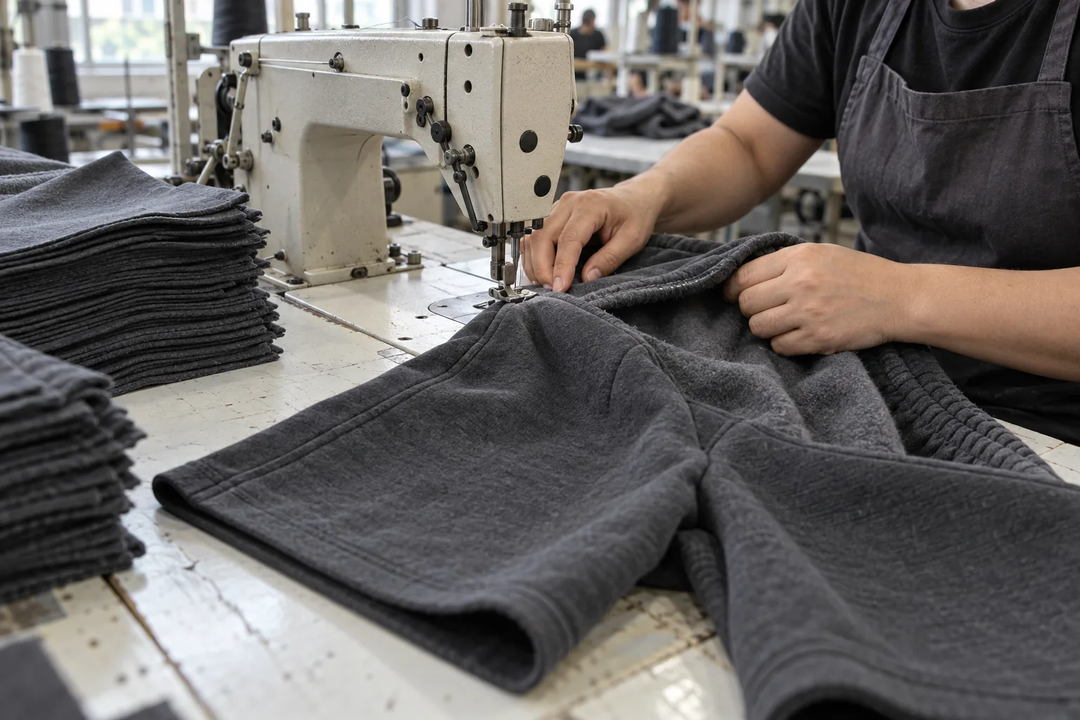 Photorealistic apparel factory documentary photograph of a sewing operator assembling plain charcoal fleece shorts at an