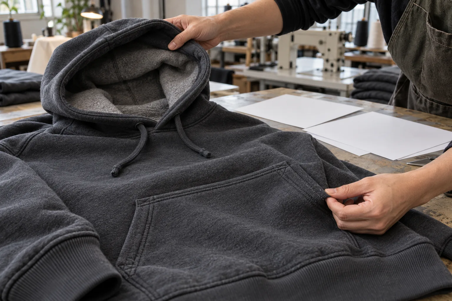 Buyer comparing a heavyweight hoodie sample with garment specification sheets