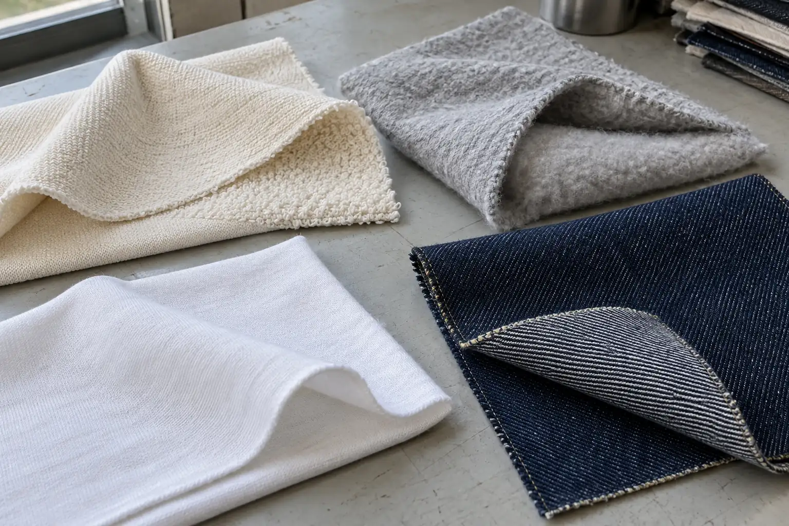 Jersey, fleece and denim swatches arranged for material comparison