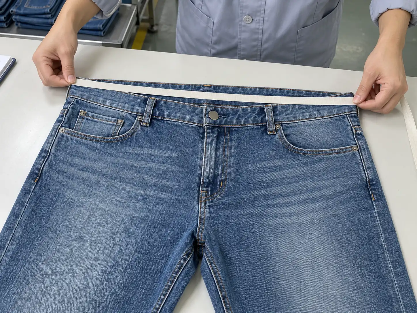Quality inspector measuring the waistband of finished washed jeans