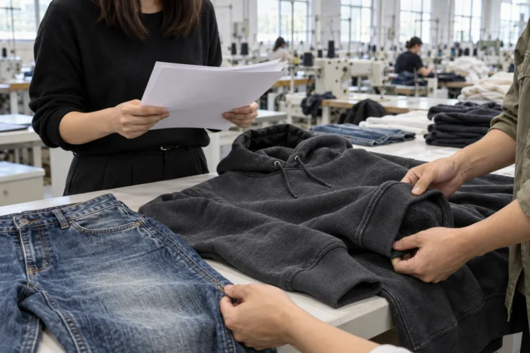 Photorealistic apparel factory documentary photograph of a buyer reviewing unmarked invoice sheets beside a heavyweight