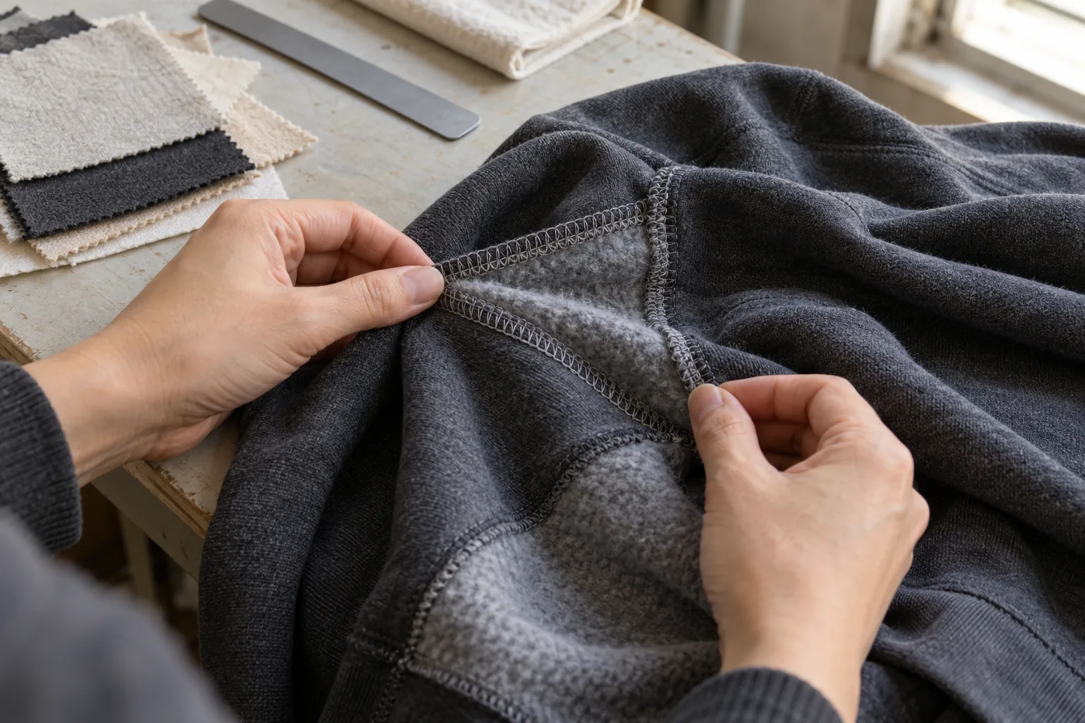 Inspector examining a sweatshirt seam and checking a garment inspection reference