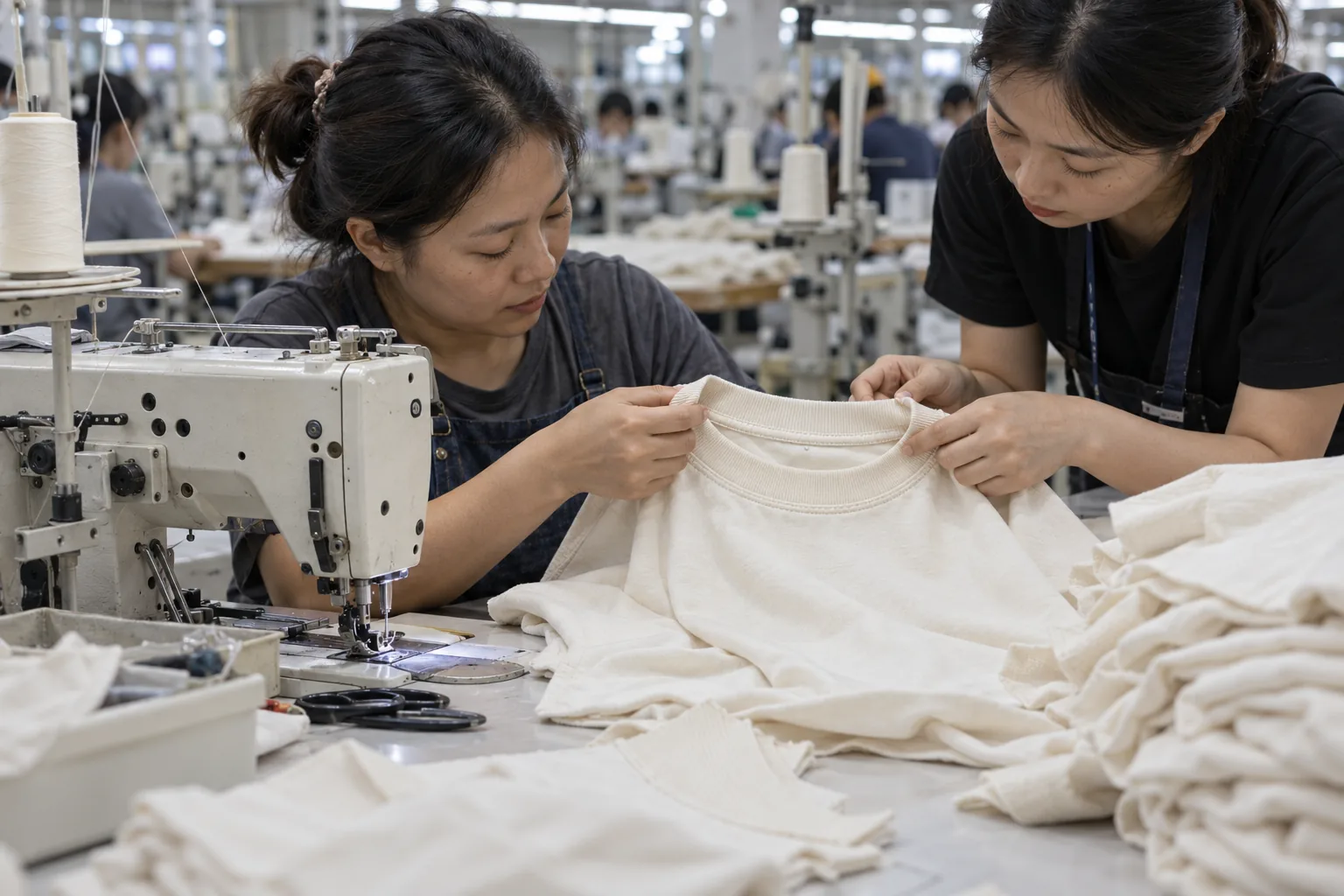 Sewing operator and inspector reviewing a garment seam at the machine