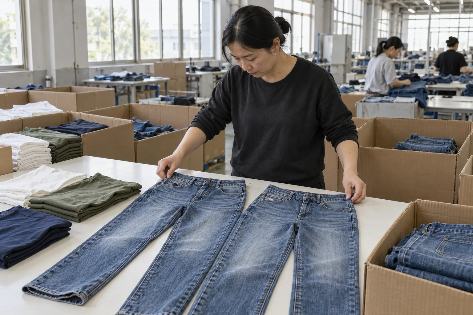 Finished garments selected from several cartons for final inspection