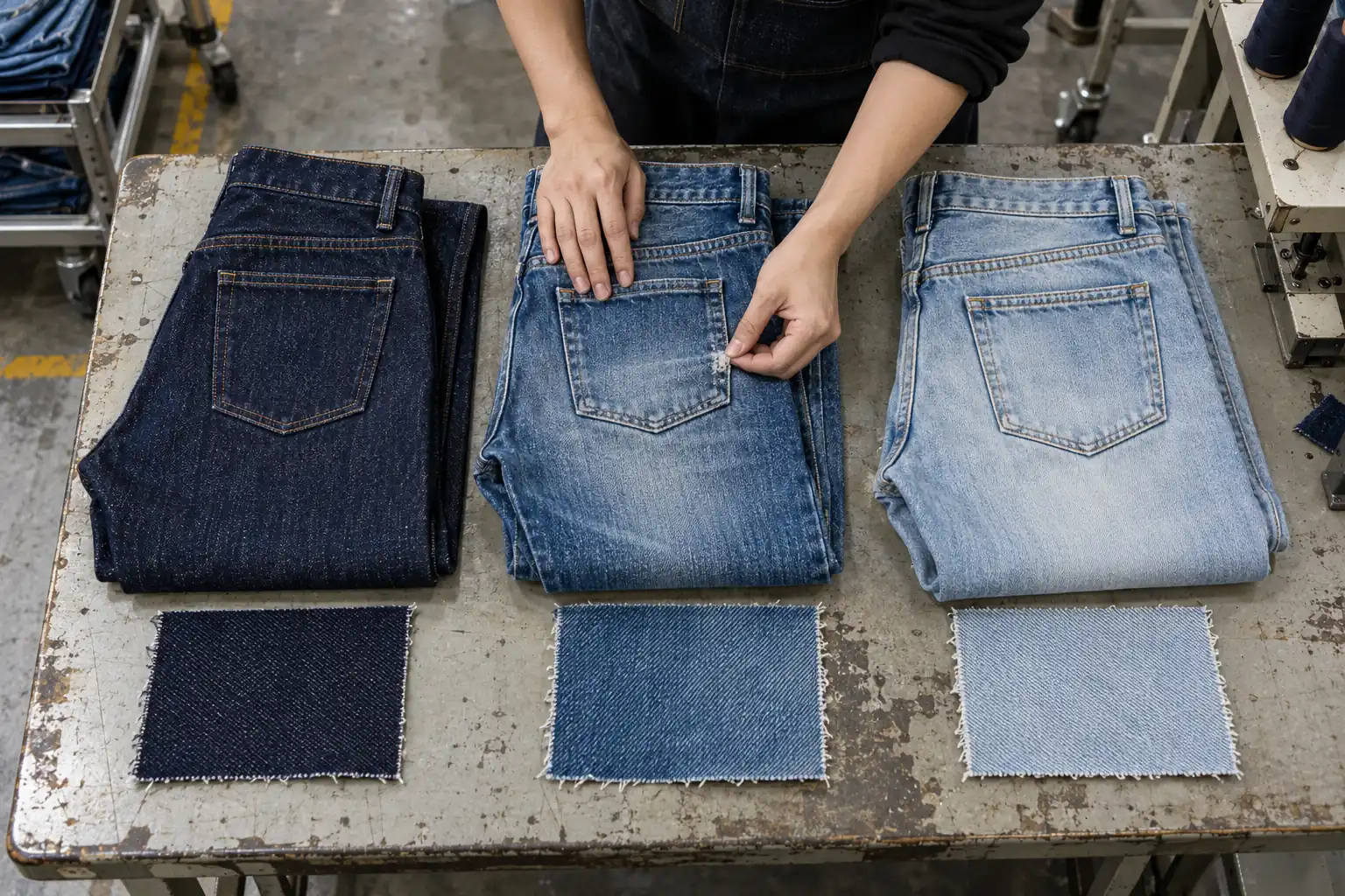 Denim trial garments arranged with corresponding fabric samples on a wash development table