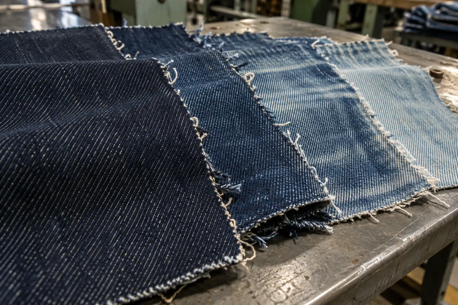 Close view of raw denim swatches showing different yarn structures and washed comparison edges