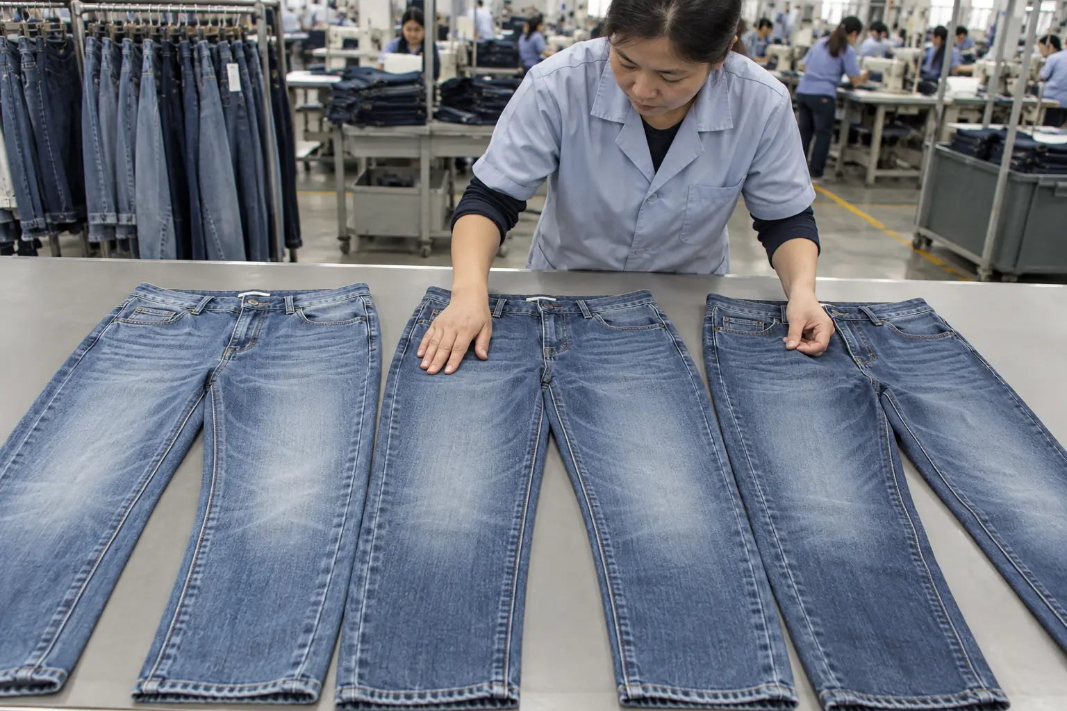 Washed jeans compared side by side under controlled inspection lighting