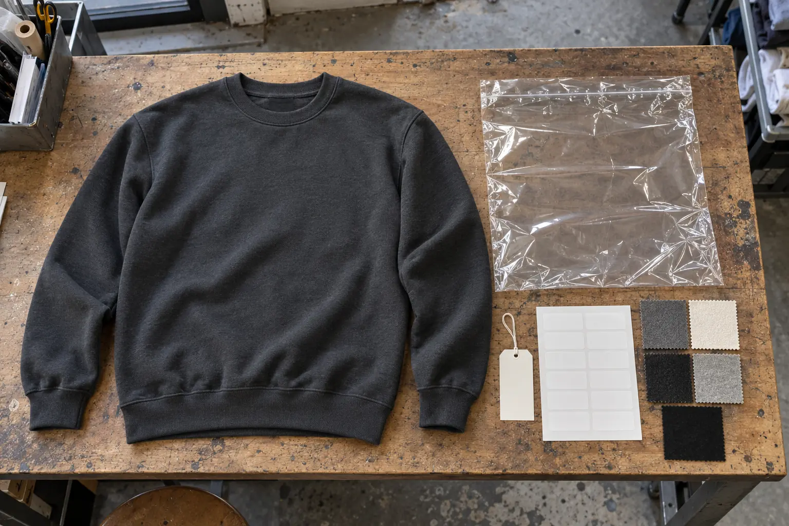 Blank packing components and a folded sweatshirt arranged for sample review