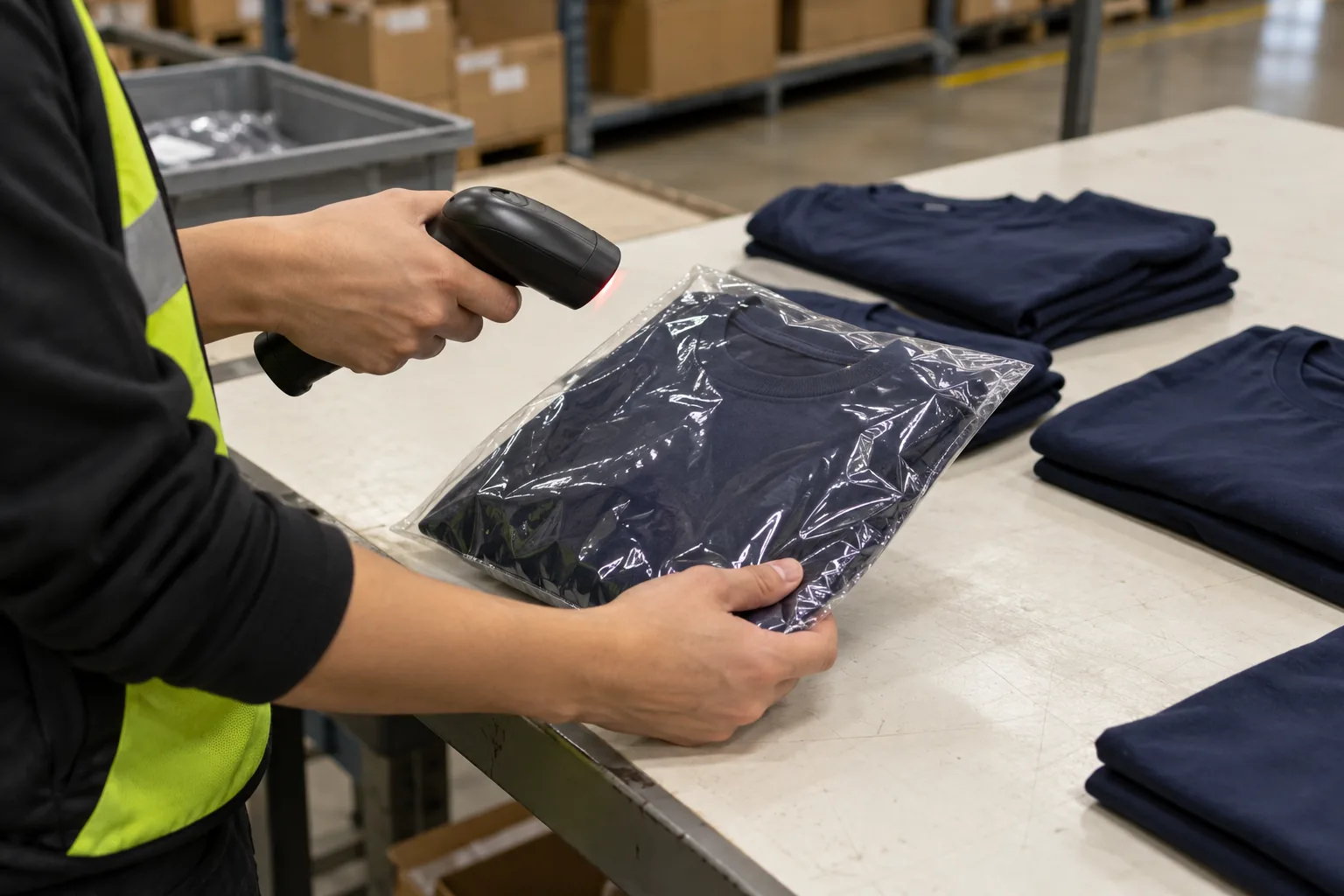 Scanner and plain folded garments on a receiving inspection bench