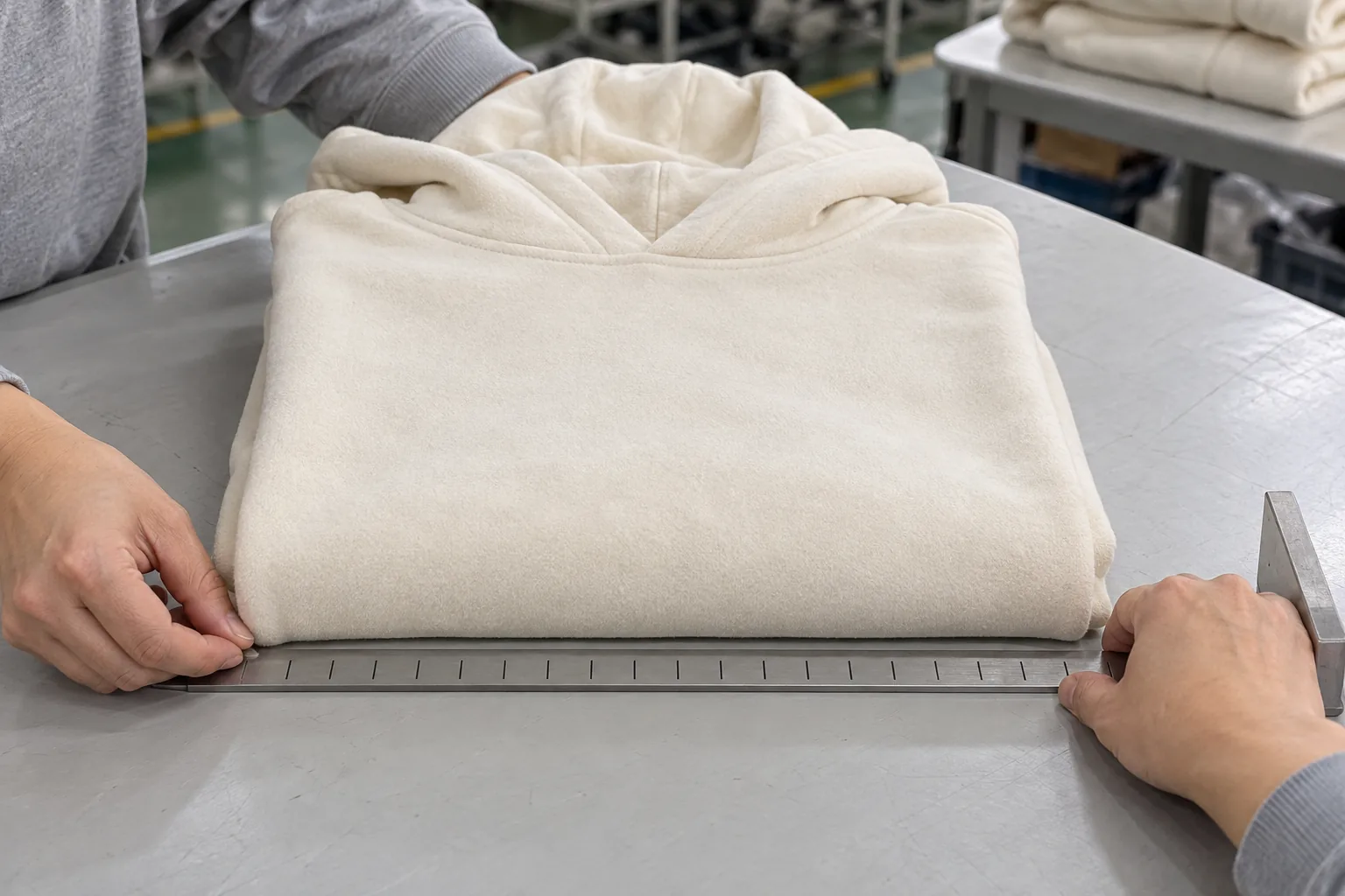 Inspector measuring the folded footprint of an unbranded sweatshirt