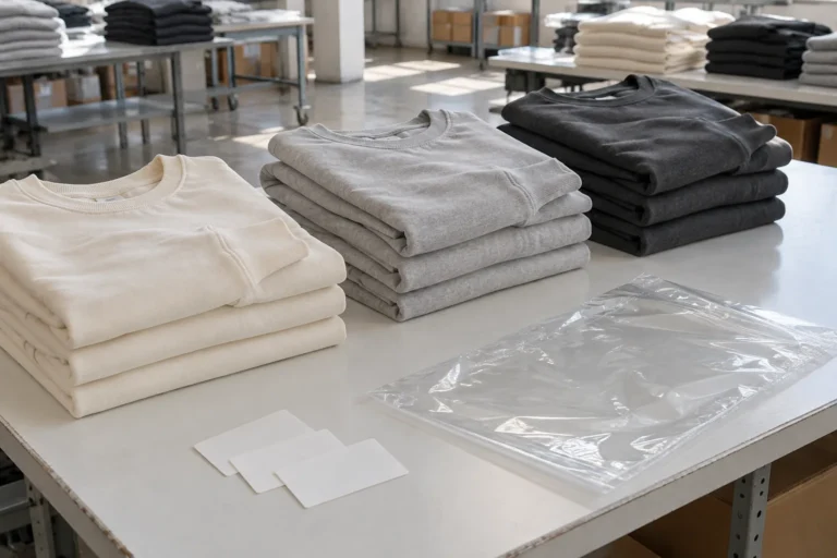 Photorealistic apparel factory documentary photograph of finished unbranded sweatshirts in separate neat packing groups